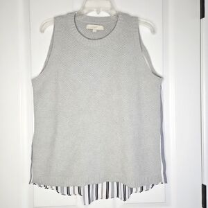 Ann Taylor LOFT Mixed Media Sweater Vest Size L Gray Navy Stripe Cotton Crewneck